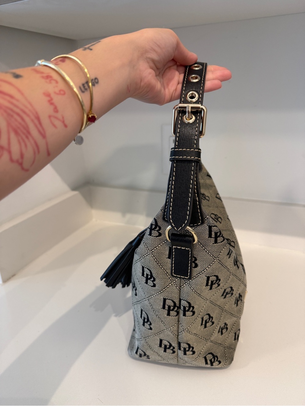 Dooney & Bourke Gold Quilted Monogram Hobo with Black Trim - Picture 5 of 8